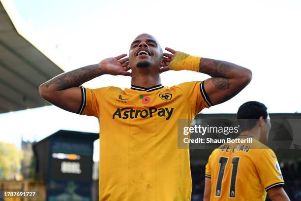 Mario Lemina of Wolverhampton Wanderers celebrates after scoring the team's second goal during the Premier League match between Wolverhampton...