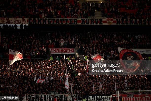 General view of fans of VfB Stuttgart prior to the Bundesliga match between VfB Stuttgart and Borussia Dortmund at MHPArena on November 11, 2023 in...