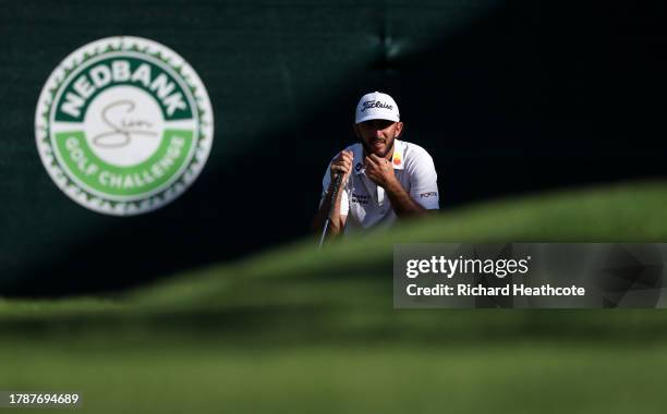 Max Homa of the USA lines up a putt on the 18th green during Day Three of the Nedbank Golf Challenge at Gary Player CC on November 11, 2023 in Sun...