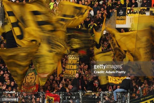 General view of fans of Borussia Dortmund prior to the Bundesliga match between VfB Stuttgart and Borussia Dortmund at MHPArena on November 11, 2023...