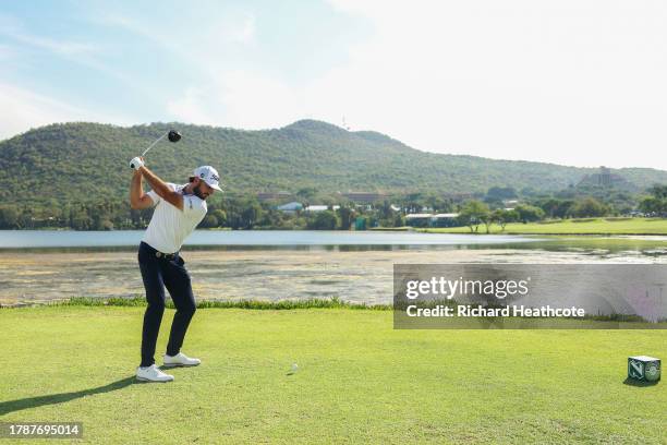 Max Homa of the USA tee's off at the 17th during Day Three of the Nedbank Golf Challenge at Gary Player CC on November 11, 2023 in Sun City, South...