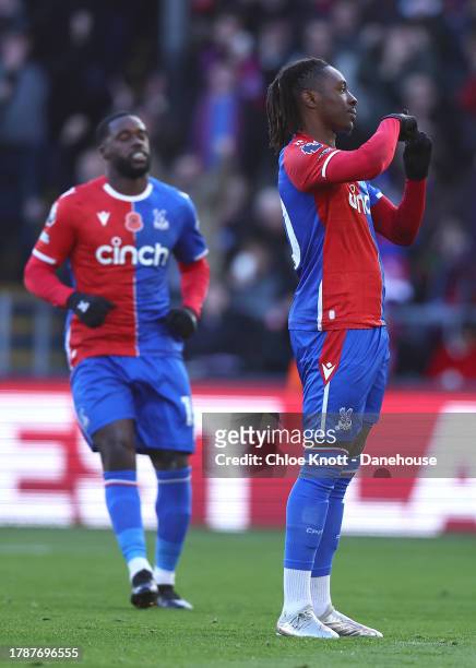 Eberchi Eze of Crystal Palace celebrates scoring their teams first goal during the Premier League match between Crystal Palace and Everton FC at...