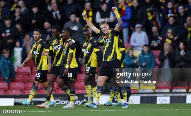 Mileta Rajovic of Watford celebrates after scoring the team's first goal during the Sky Bet Championship match between Watford and Rotherham United...