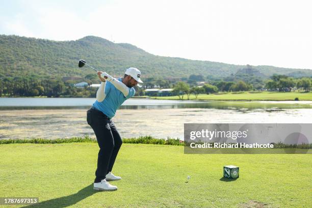 Matthieu Pavon of France tee's off at the 17th during Day Three of the Nedbank Golf Challenge at Gary Player CC on November 11, 2023 in Sun City,...