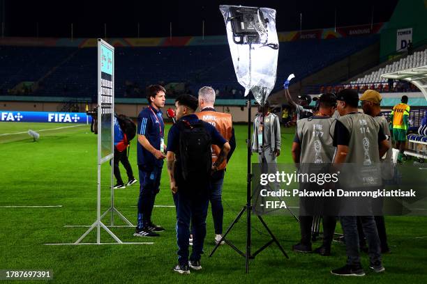 Diego Placente, Manager of Argentina is interviewed following the FIFA U-17 World Cup Group D match between Argentina and Senegal at Si Jalak Harupat...