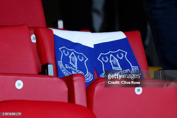 An Everton scarf laid out by Crystal Palace in memory of Bill Kenwright prior to the Premier League match between Crystal Palace and Everton FC at...