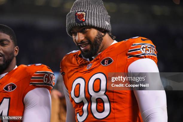 Montez Sweat of the Chicago Bears runs off of the field during an NFL football game against the Carolina Panthers at Soldier Field on November 9,...