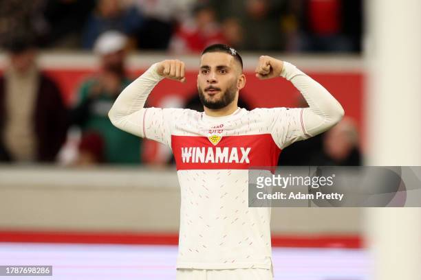 Deniz Undav of VfB Stuttgart celebrates after scoring the team's first goal during the Bundesliga match between VfB Stuttgart and Borussia Dortmund...