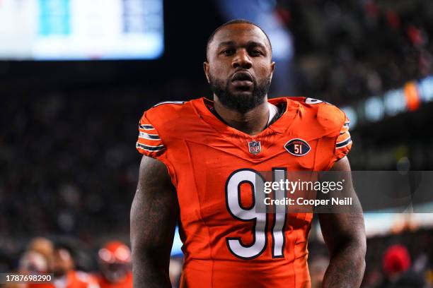 Yannick Ngakoue of the Chicago Bears runs off of the field during an NFL football game against the Carolina Panthers at Soldier Field on November 9,...