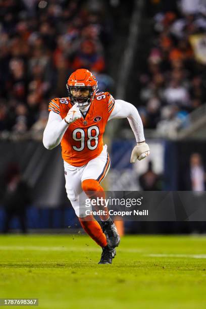 Montez Sweat of the Chicago Bears rushes the passer during an NFL football game against the Carolina Panthers at Soldier Field on November 9, 2023 in...