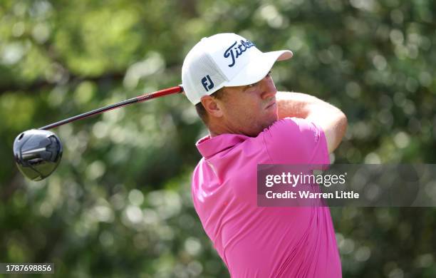 Justin Thomas of the USA tees off on the 13th hole during the third round of the Nedbank Golf Challenge at Gary Player CC on November 11, 2023 in Sun...