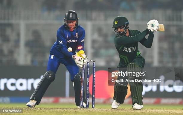 Shadab Khan of Pakistan is bowled by Adil Rashid of England during the ICC Men's Cricket World Cup India 2023 between England and Pakistan at Eden...