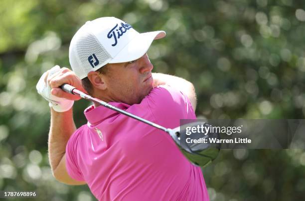 Justin Thomas of the USA tees off on the 13th hole during the third round of the Nedbank Golf Challenge at Gary Player CC on November 11, 2023 in Sun...