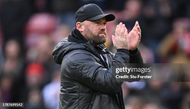 Birmingham City manager Wayne Rooney applauds the fans after the Sky Bet Championship match between Sunderland and Birmingham City at Stadium of...