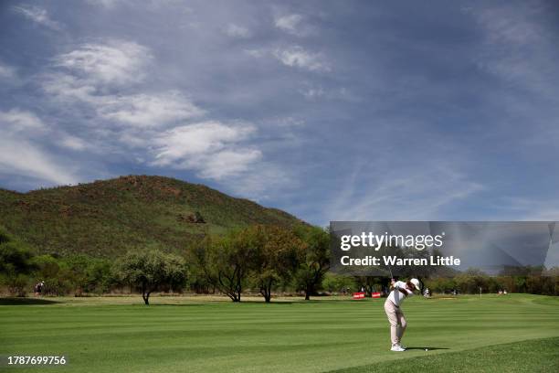 Tommy Fleetwood of England plays his second shot on the 13th hole during the third round of the Nedbank Golf Challenge at Gary Player CC on November...