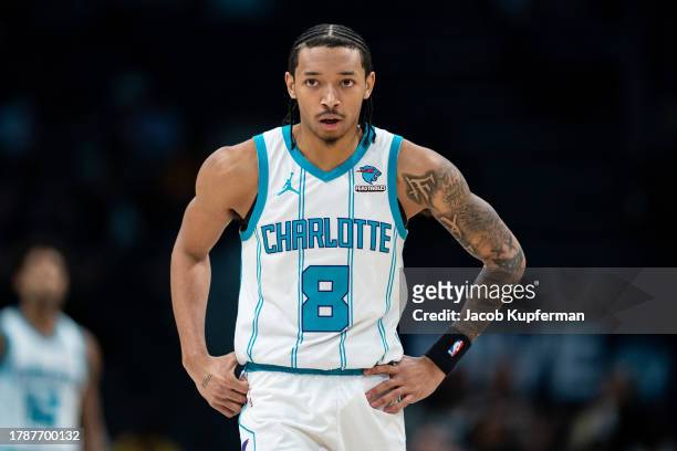 Nick Smith Jr. #8 of the Charlotte Hornets plays against the Washington Wizards during their game at Spectrum Center on November 08, 2023 in...