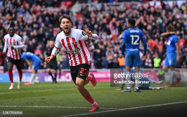 Sunderland player Adil Aouchiche celebrates after scoring the third goal during the Sky Bet Championship match between Sunderland and Birmingham City...