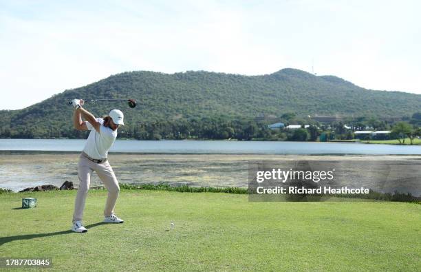 Tommy Fleetwood of England tee's off at the 17th during Day Three of the Nedbank Golf Challenge at Gary Player CC on November 11, 2023 in Sun City,...