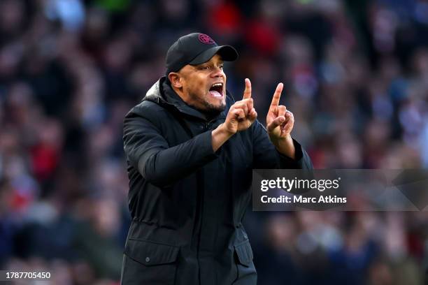 Vincent Kompany, Manager of Burnley, gestures during the Premier League match between Arsenal FC and Burnley FC at Emirates Stadium on November 11,...