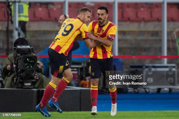 Nicola Sansone of US Lecce celebrates after scoring a goal to make it 1-2 during the Serie A TIM match between US Lecce and AC Milan at Stadio Via...