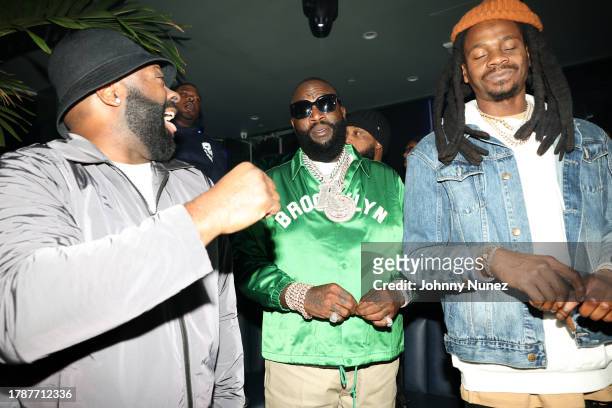 Breyon Prescott, Rick Ross, and Sam Sneak attend Rick Ross And Meek Mill's Album Release Party at Harbor New York City on November 10, 2023 in New...