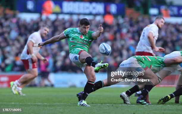 Ben Youngs of Leicester Tigers kicks the ball upfield during the Gallagher Premiership Rugby match between Leicester Tigers and Harlequins at...