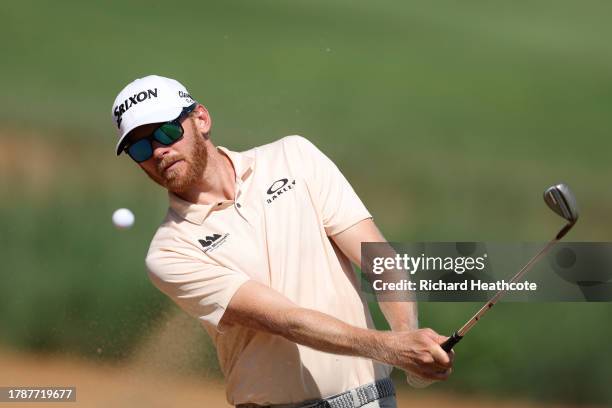 Sebastian Soderberg of Sweden plays from a greenside bunker on the 14th during Day Three of the Nedbank Golf Challenge at Gary Player CC on November...