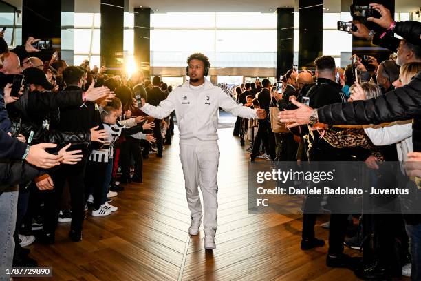 Weston McKennie of Juventus arrives at the stadium and greets the fans prior to the Serie A TIM match between Juventus and Cagliari Calcio at Allianz...