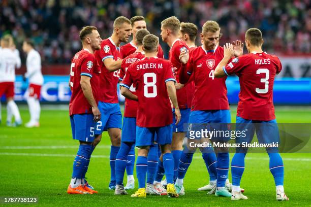 Players of Czechia huddle during the UEFA EURO 2024 European qualifier match between Poland and Czechia at PGE Narodowy on November 17, 2023 in...