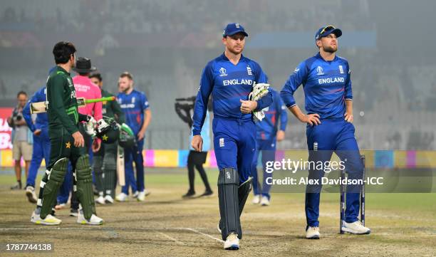 Jos Buttler and Dawid Malan of England react following the ICC Men's Cricket World Cup India 2023 between England and Pakistan at Eden Gardens on...