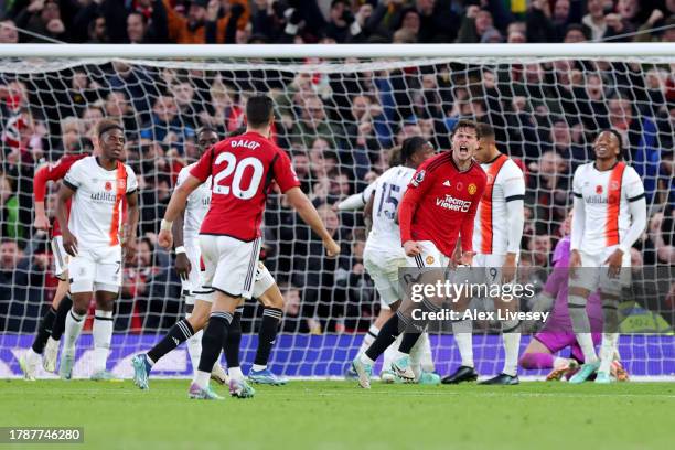 Victor Lindeloef of Manchester United celebrates after scoring the team's first goal during the Premier League match between Manchester United and...