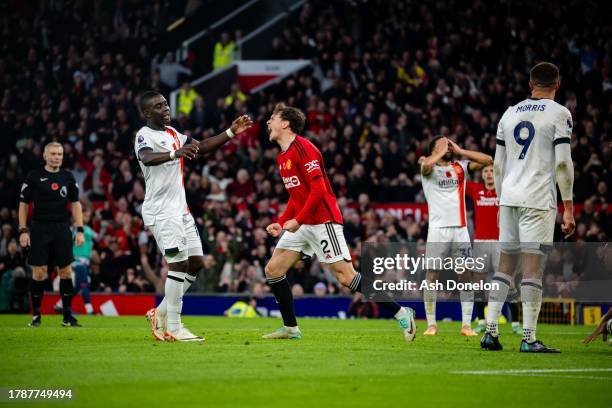Victor Lindelof of Manchester United celebrates scoring their first goal during the Premier League match between Manchester United and Luton Town at...