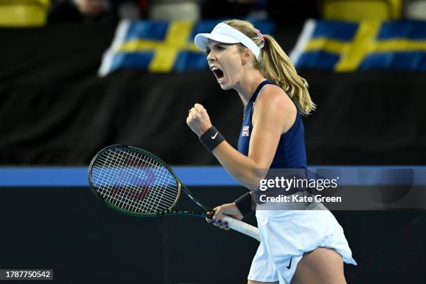 Katie Boulter of Great Britain celebrates in her match against Caijsa Hennemann of Sweden during day 1 of the Billie Jean King Cup Play-Off match...