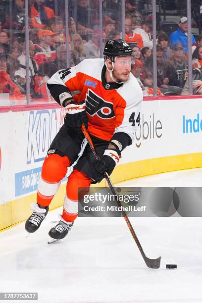 Nicolas Deslauriers of the Philadelphia Flyers controls the puck against the Los Angeles Kings at the Wells Fargo Center on November 4, 2023 in...