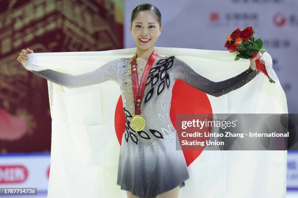 Gold medalist Hana Yoshida of Japan celebrate during the victory ceremony of the Ladies Free Skating during the ISU Grand Prix of Figure Skating-Cup...
