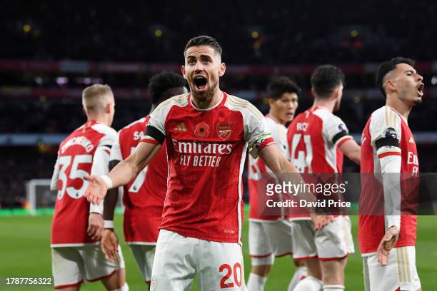 Jorginho of Arsenal celebrates after teammate William Saliba scores the team's second goal during the Premier League match between Arsenal FC and...