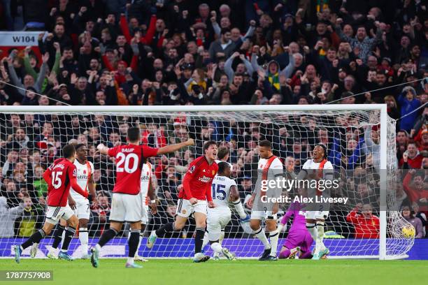 Victor Lindeloef of Manchester United celebrates after scoring the team's first goal during the Premier League match between Manchester United and...