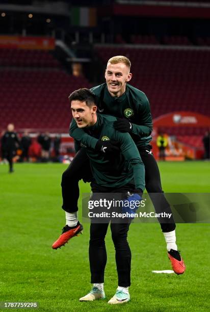 Amsterdam , Netherlands - 17 November 2023; Jamie McGrath and Mark Sykes, right, during a Republic of Ireland training session at Johan Cruijff ArenA...