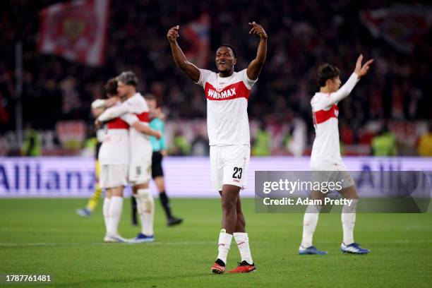 Dan-Axel Zagadou of VfB Stuttgart celebrates after the team's victory in the Bundesliga match between VfB Stuttgart and Borussia Dortmund at MHPArena...