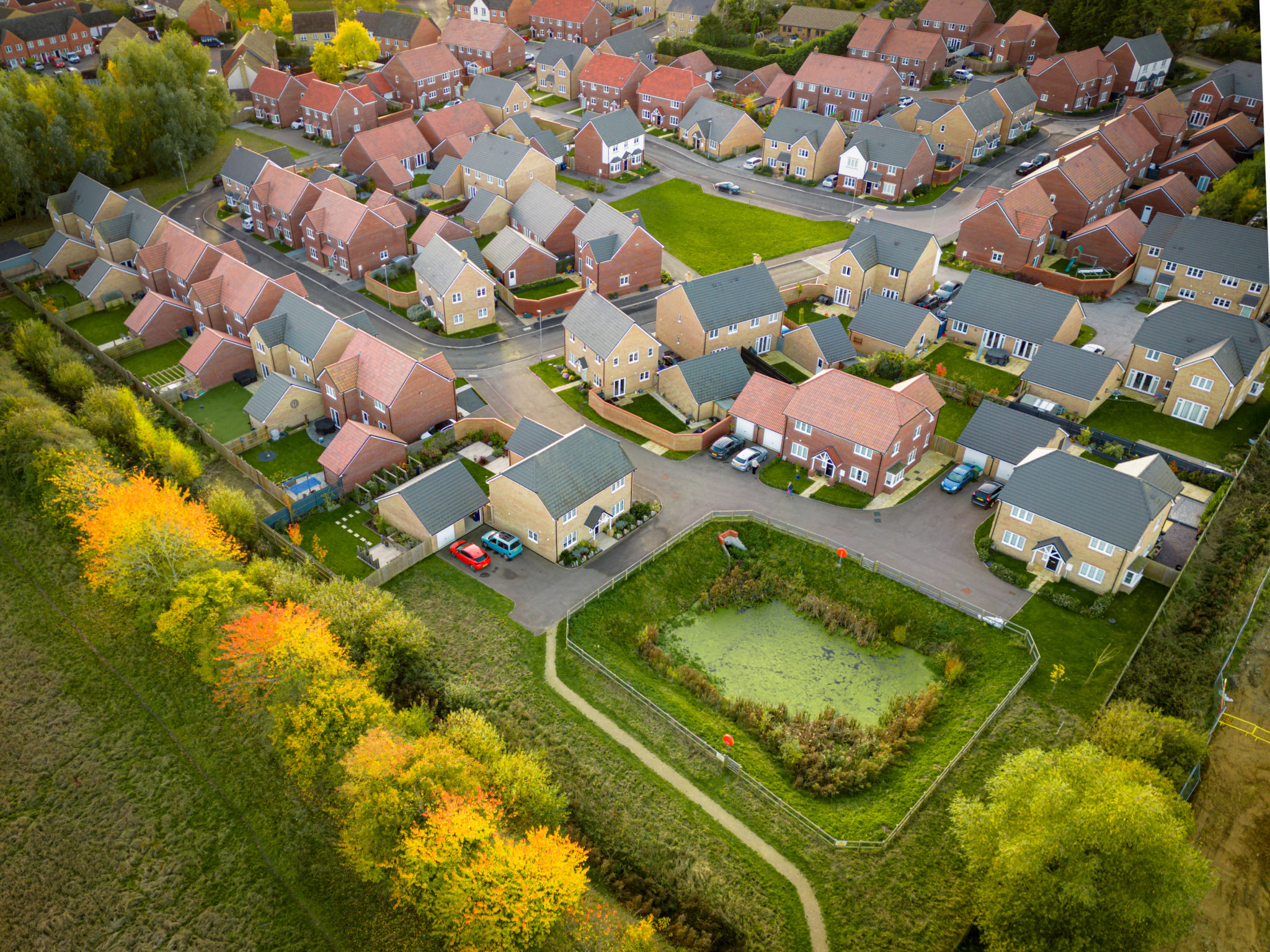 New housing estate seen during late autumn at the edge of an autumnal park. New housing estate seen during late autumn at the edge of an autumnal park.