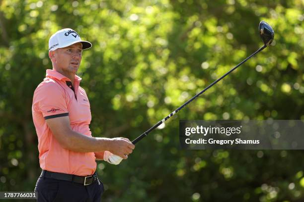 Alex Noren of Sweden plays his shot from the fourth tee during the third round of the Butterfield Bermuda Championship at Port Royal Golf Course on...