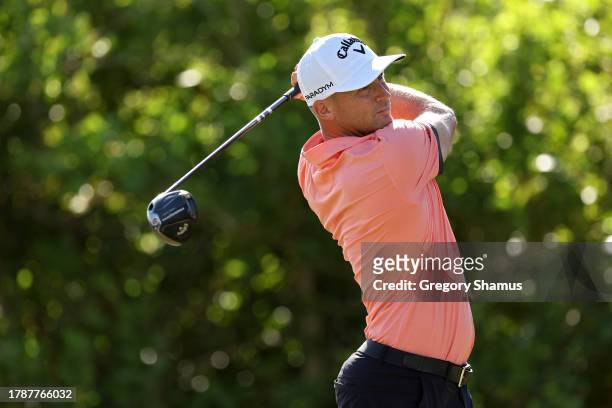 Alex Noren of Sweden plays his shot from the fourth tee during the third round of the Butterfield Bermuda Championship at Port Royal Golf Course on...