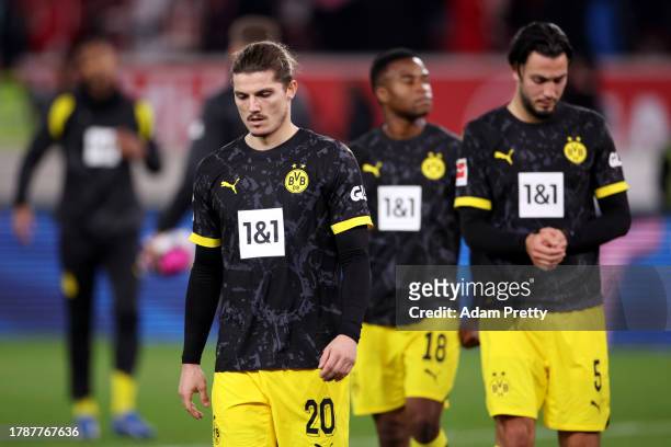 Marcel Sabitzer of Borussia Dortmund looks dejected after the team's defeat in the Bundesliga match between VfB Stuttgart and Borussia Dortmund at...