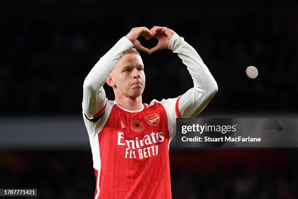 Oleksandr Zinchenko of Arsenal celebrates after scoring the team's third goal during the Premier League match between Arsenal FC and Burnley FC at...