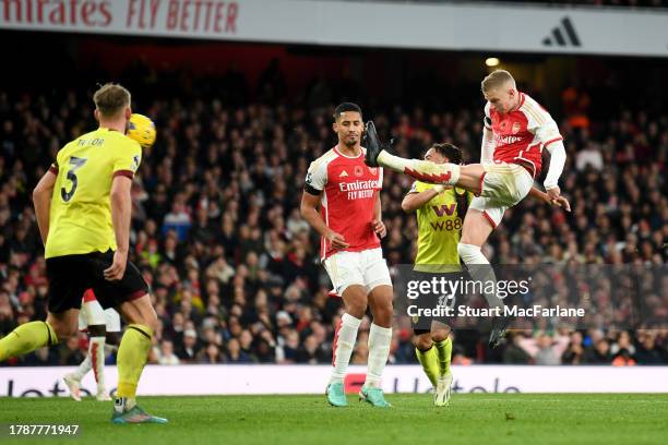 Oleksandr Zinchenko of Arsenal scores the team's third goal during the Premier League match between Arsenal FC and Burnley FC at Emirates Stadium on...