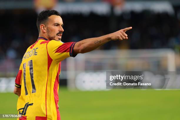 Nicola Sansone of US Lecce celebrates after the goal during the Serie A TIM match between US Lecce and AC Milan at Stadio Via del Mare on November...