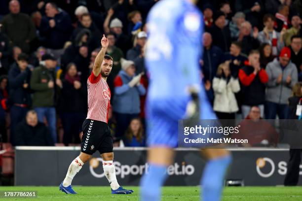 Adam Armstrong of Southampton celebrates after scoring a goal putting his team 2-1 up during the Sky Bet Championship match between Southampton FC...