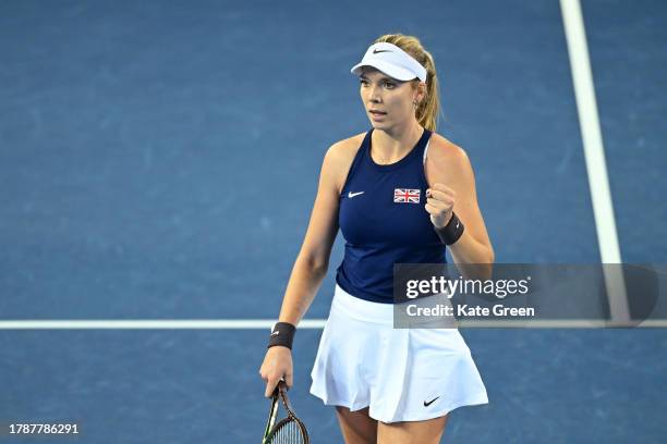 Katie Boulter of Great Britain celebrates in her match against Caijsa Hennemann of Sweden during day 1 of the Billie Jean King Cup Play-Off match...