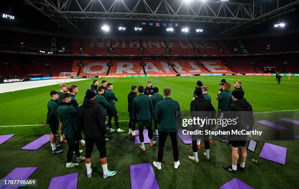 Amsterdam , Netherlands - 17 November 2023; Manager Stephen Kenny speaks to his players during a Republic of Ireland training session at Johan...