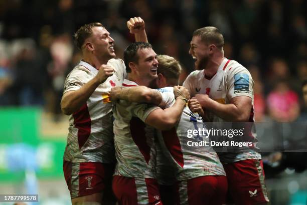 Harlequins celebrate after their victory during the Gallagher Premiership Rugby match between Leicester Tigers and Harlequins at Mattioli Woods...